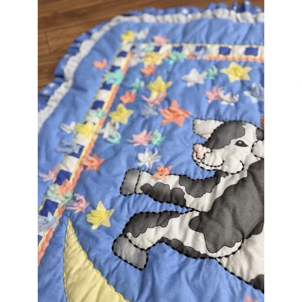 Vintage 90s Baby Crib Quilt Blanket Cow Teddy Bear Moon Stars Ruffle 47x26.5